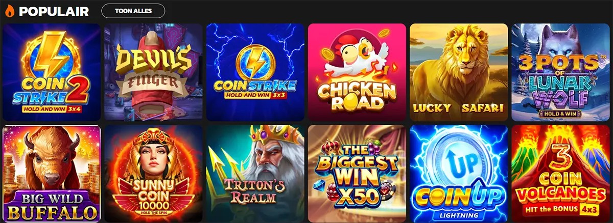 “Populair” games grid showing colourful slot tiles including Coin Strike 2, Devil’s Finger, Coin Strike Hold and Win, Chicken Road, Lucky Safari, 3 Pots Lunar Wolf, Big Wild Buffalo, Sunny Coin 1000, Triton’s Realm, The Biggest Win x50, Coin UP Lightning, and 3 Coin Volcanoes.