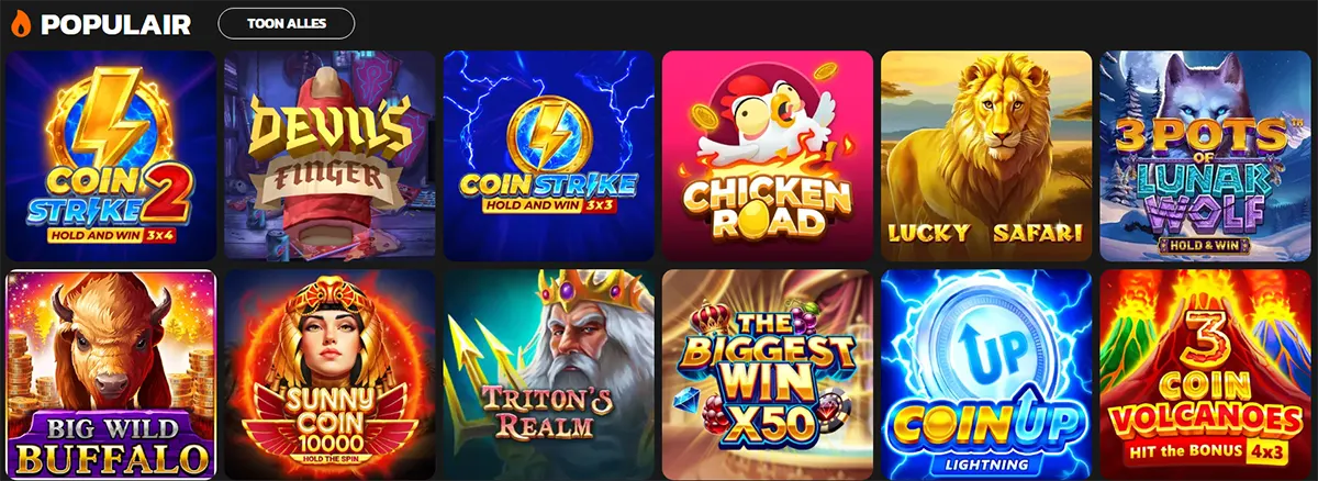 “Populair” games grid showing colourful slot tiles including Coin Strike 2, Devil’s Finger, Coin Strike Hold and Win, Chicken Road, Lucky Safari, 3 Pots Lunar Wolf, Big Wild Buffalo, Sunny Coin 1000, Triton’s Realm, The Biggest Win x50, Coin UP Lightning, and 3 Coin Volcanoes.