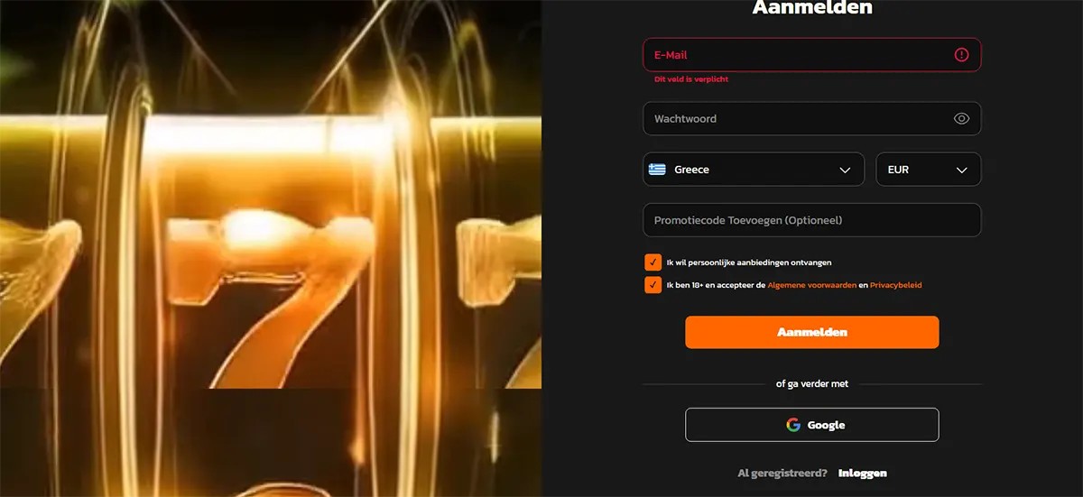 Split-screen registration page with a glowing slot “7” image on the left and a Dutch sign-up form on the right (“Aanmelden”) featuring email/password fields, country set to Greece, currency EUR, promo code option, consent checkboxes, an orange “Aanmelden” button, and Google sign-up.