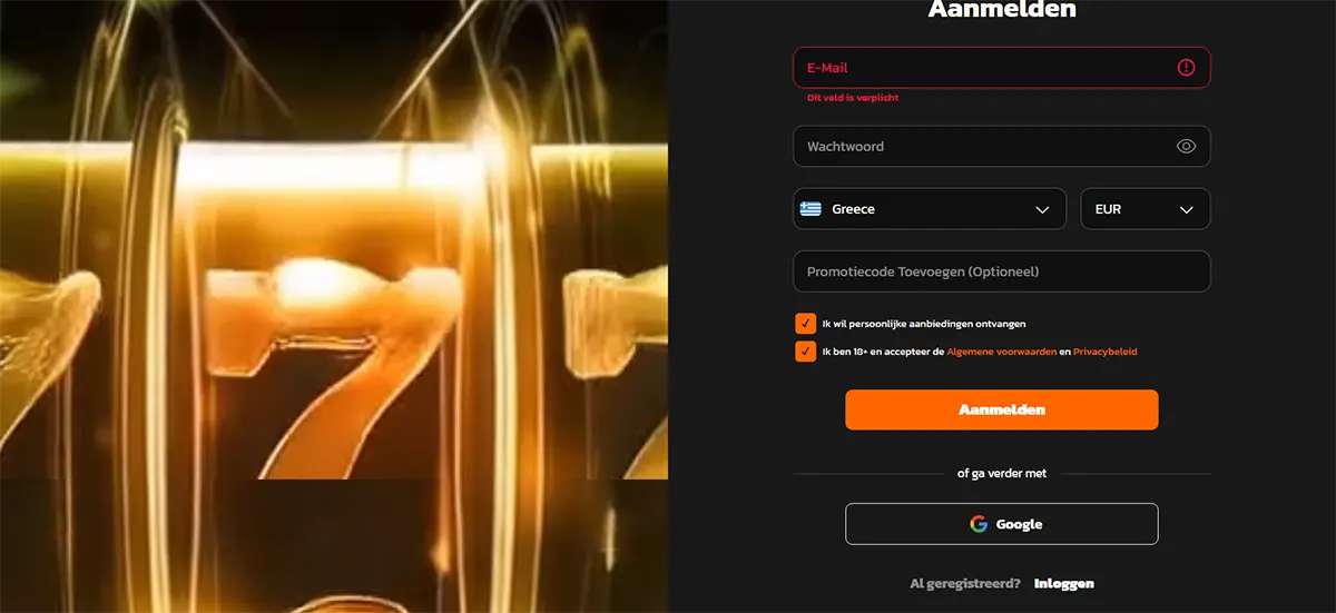 Split-screen registration page with a glowing slot “7” image on the left and a Dutch sign-up form on the right (“Aanmelden”) featuring email/password fields, country set to Greece, currency EUR, promo code option, consent checkboxes, an orange “Aanmelden” button, and Google sign-up.